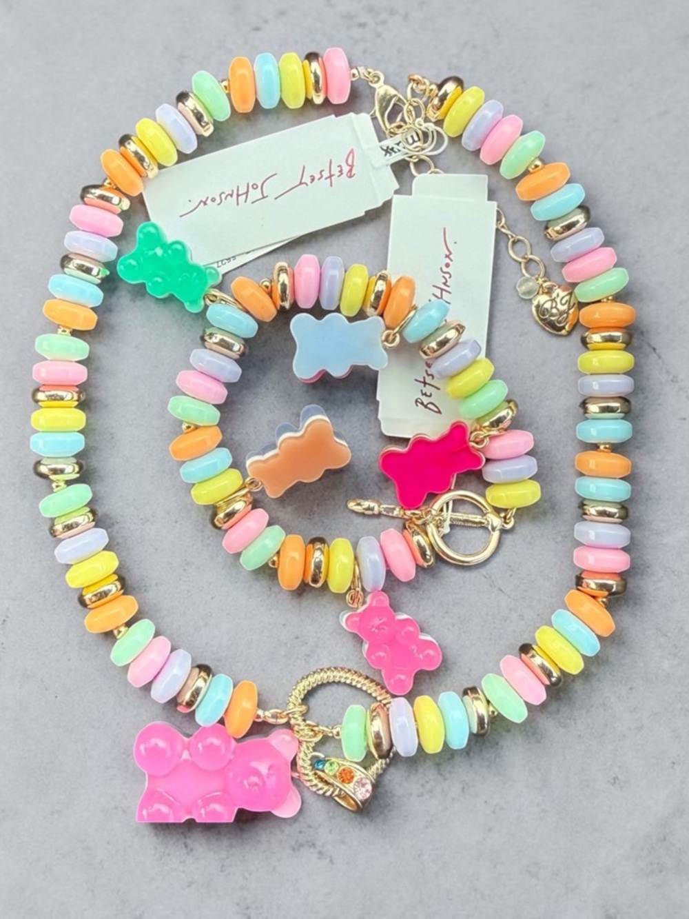 BETSEY JOHNSON SET Pink Gummy Bear Beaded Rainbow Candy Necklace & Bracelet NWT